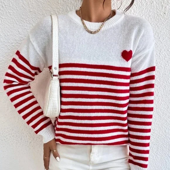 Preppy Womens Heart & Stripe Print Sweater Red And White - Picture 4 of 5